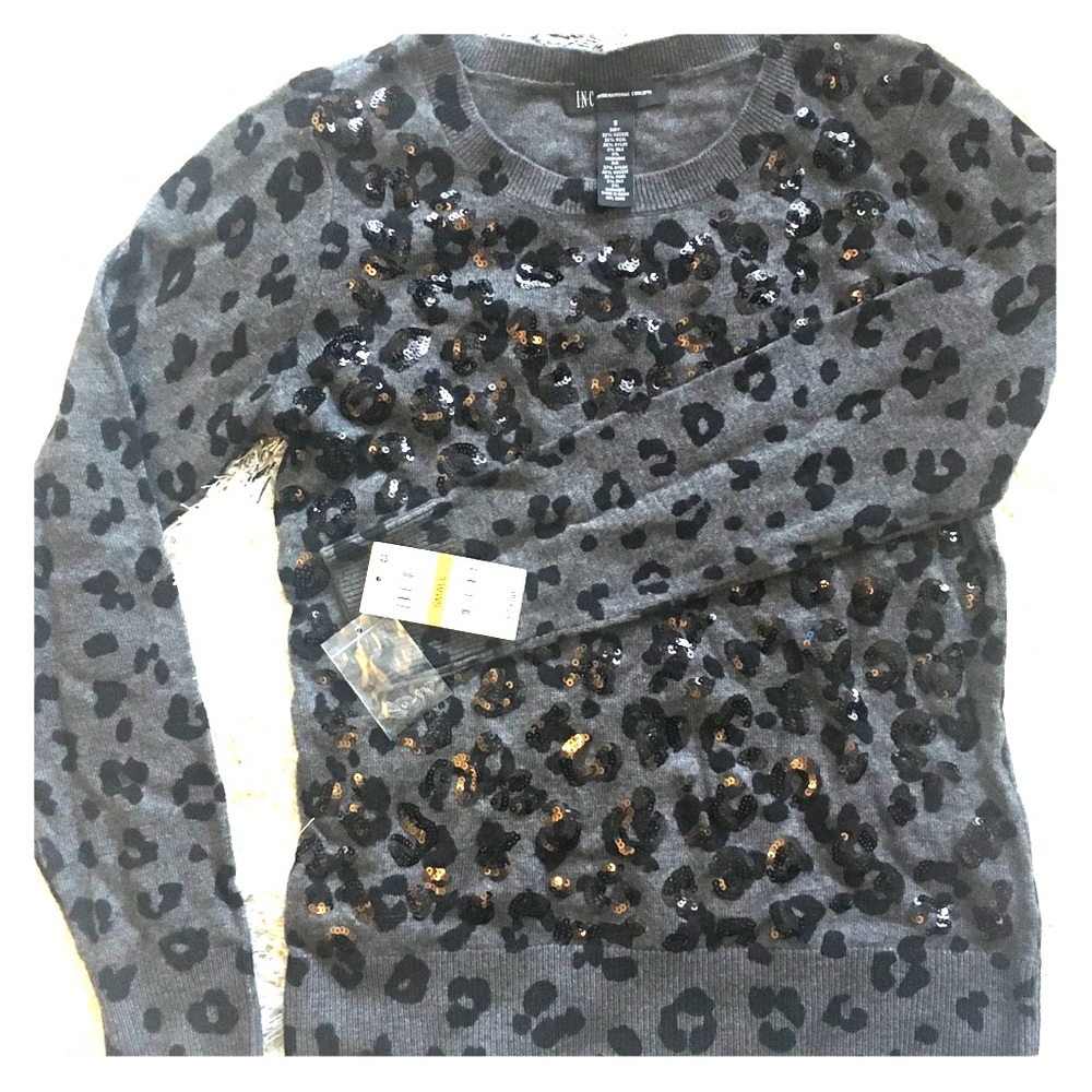 INC Grey Leopard Sweater w/ Sequins - S - NWT